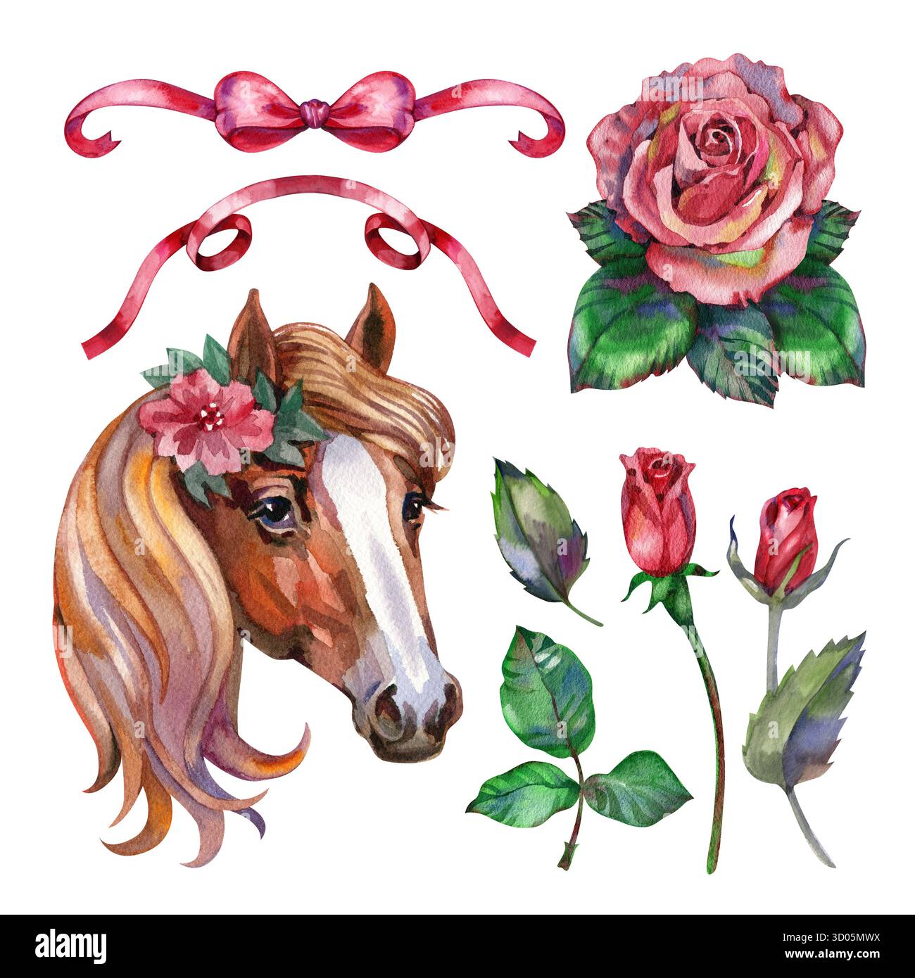 Ensemble romantique de conte de fées avec fleurs de rose, rubans et cheval. Parfait pour mariage, anniversaire, bouquet, invitations, logos, douche de bébé Banque D'Images