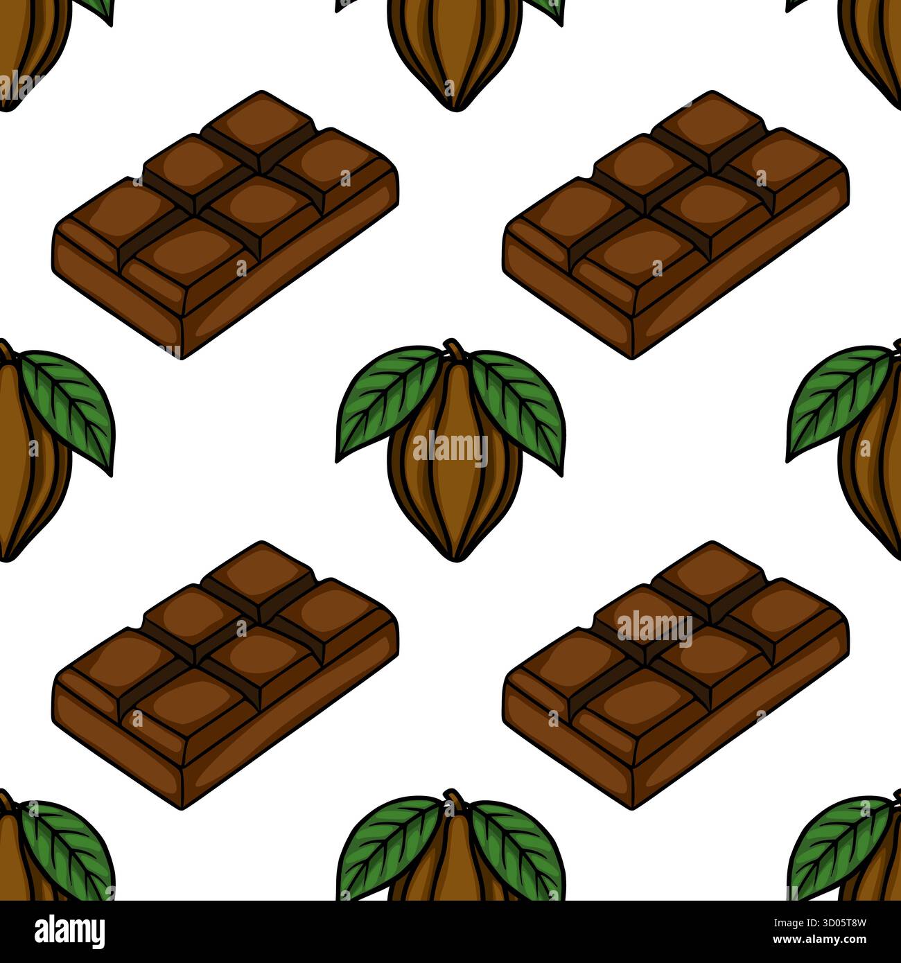 Motif vectoriel sans couture avec barres de chocolat isométriques et gousses de cacao avec des feuilles vertes sur un fond blanc. Illustration de Vecteur