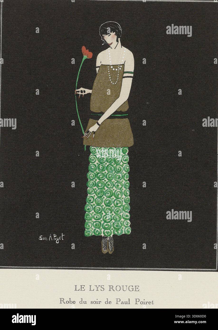 Illustration de mode intitulée le Lys Rouge, montrant une robe de soirée du designer Paul Poiret, de Gazette du bon ton, no 4, planche 38. La femme tient un lis rouge sur fond noir. 1914. Banque D'Images