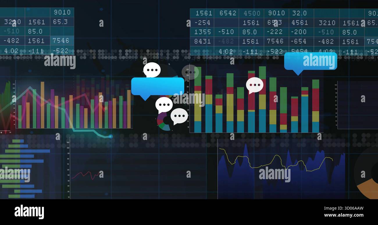 Affichage des icônes de bulle de chat avec des points de suspension sur la grille sombre, les graphiques à barres et linéaires, le segment de secteur, les tableaux Banque D'Images