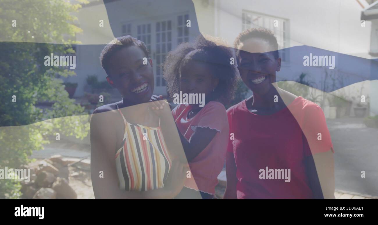 Mère debout et filles posant sur l'allée pavée à l'extérieur de la maison de banlieue, avec des plantes en pot Banque D'Images