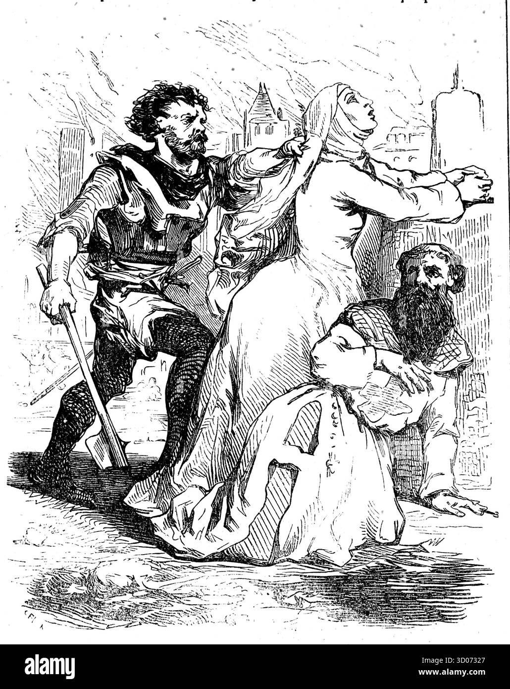 Sous le règne de Charles le simple au Xe siècle, les bretons rebelles attaquent et brûlent un monastère tout en résistant au contrôle franc.m gravure, XIXe siècle. Banque D'Images