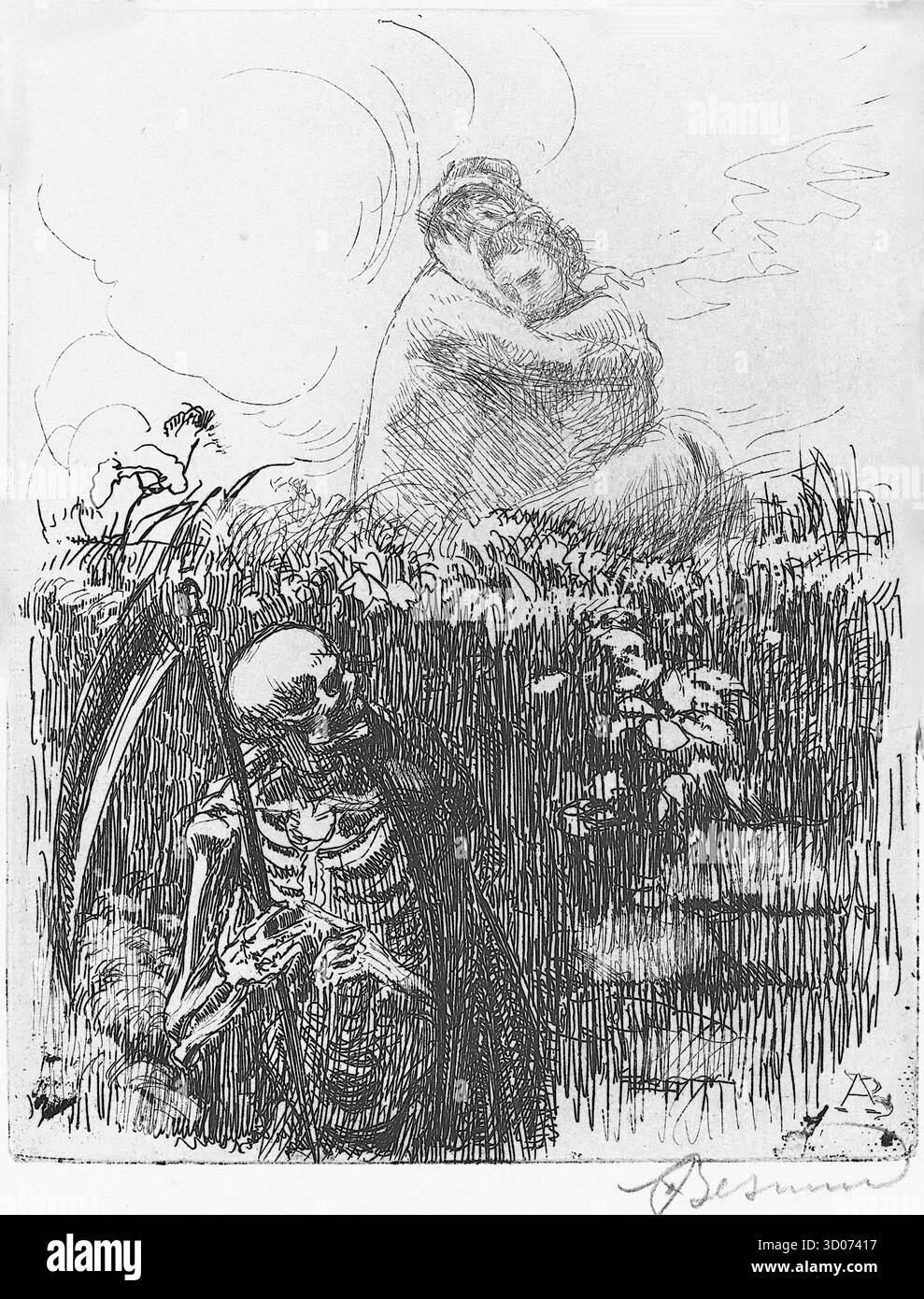 Albert Besnard - on the Lookout - 1900 - L'œuvre d'art représente un squelette, représentant la mort, partiellement dissimulé dans de hautes herbes et tenant une faux. En arrière-plan, une femme est représentée assise, embrassant apparemment une autre personne tout en regardant loin du spectateur. L'œuvre fait partie d'une série d'estampes de Besnard intitulée 'elle', qui explore l'omniprésence de la mort chez les vivants. Banque D'Images