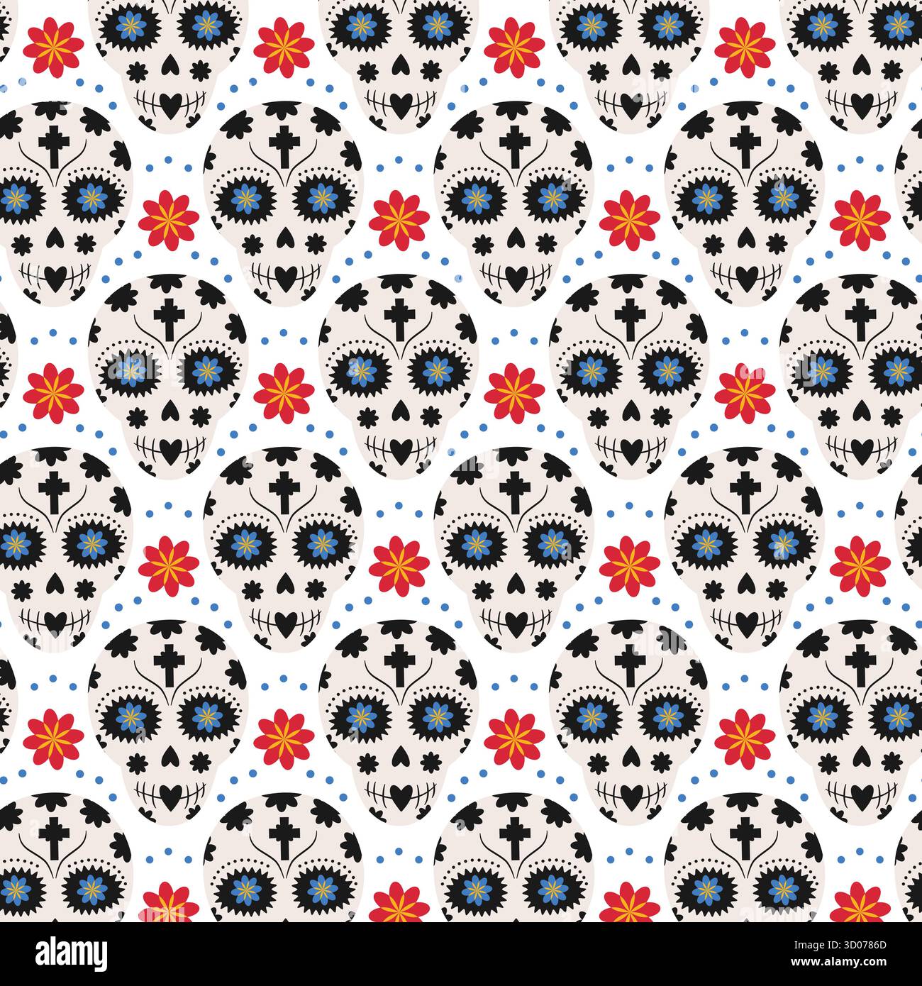Crânes de sucre dessinés à la main avec Floral et Dots Decor Seamless Pattern Day of the Dead festive background. Illustration vectorielle isolée vacances mexicaines salutations thématique toile de fond bannière, dépliants, étiquettes Illustration de Vecteur