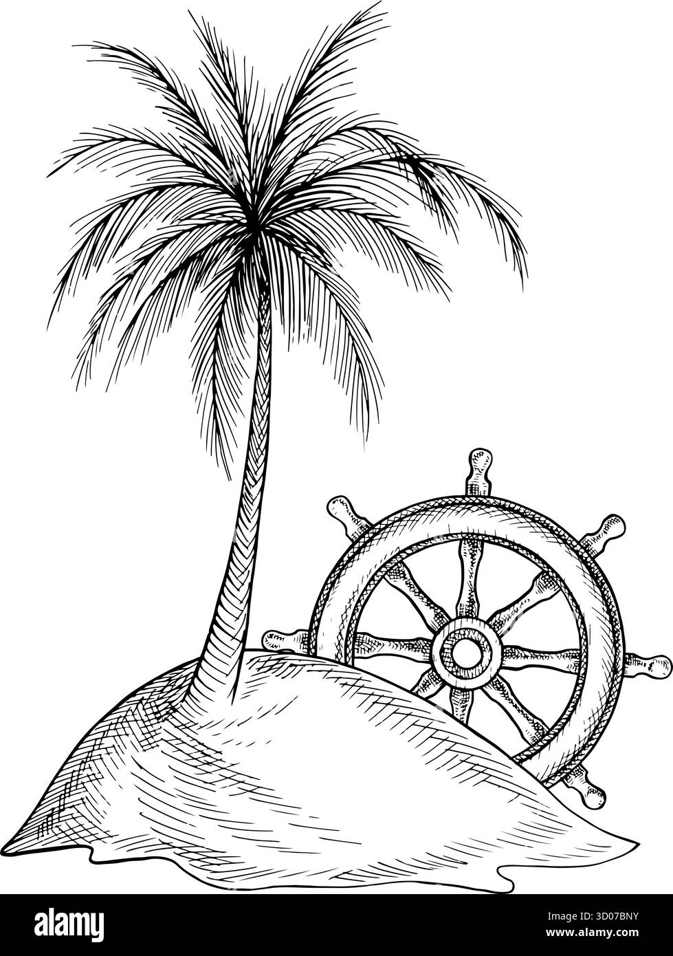 Un palmier sur une petite île et une roue de navire. Graphiques en noir et blanc, illustrations vectorielles et dessins dessinés à la main. Pour les jeux et les vacances. Pour Illustration de Vecteur