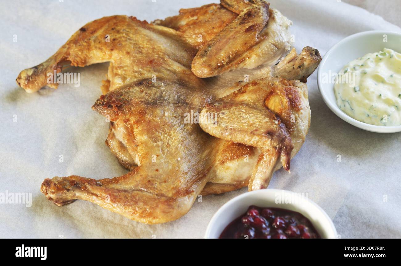 Tabac de poulet sur papier avec des canneberges et des sauces blanches Banque D'Images