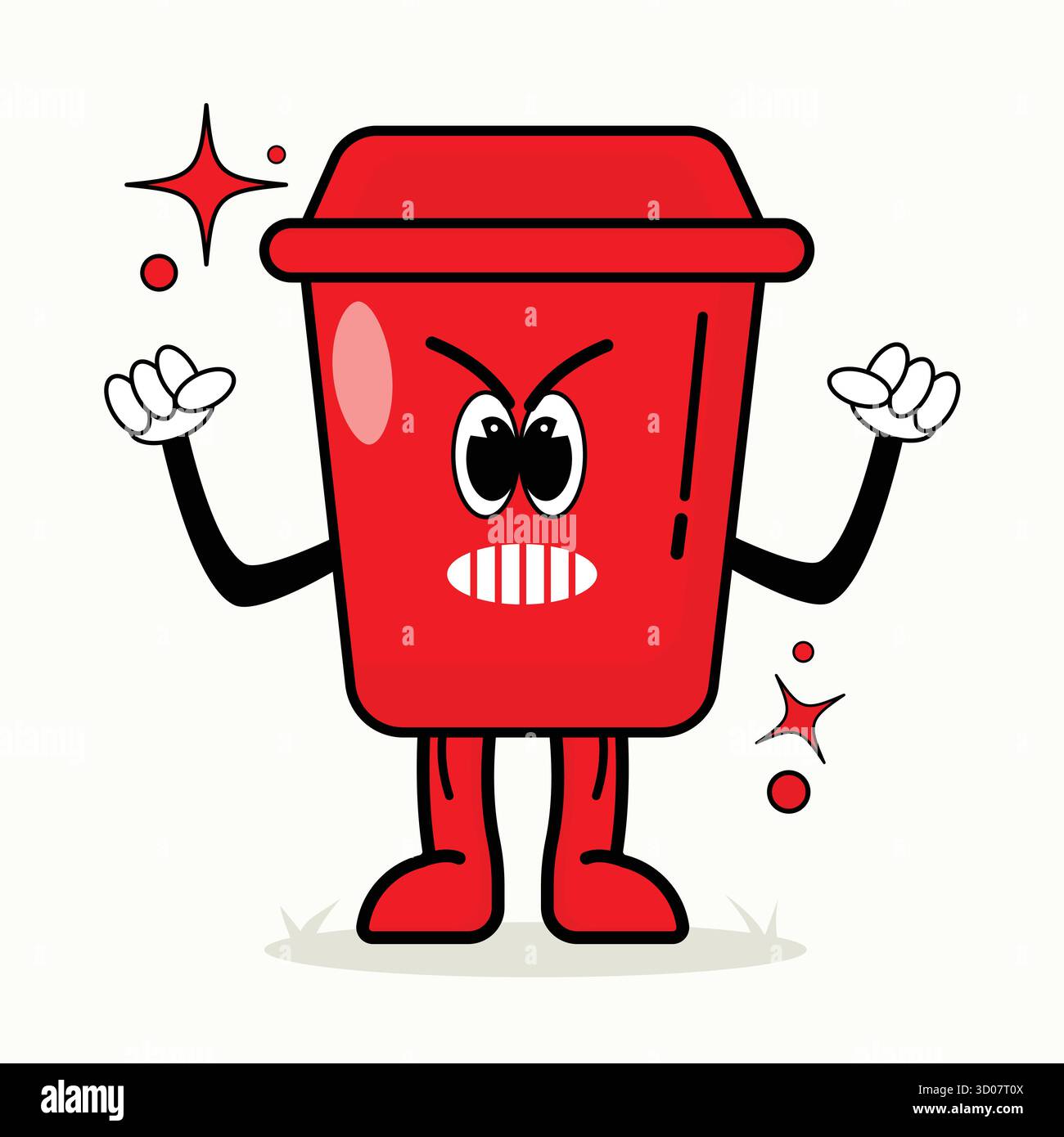 Conception de personnage de poubelle rouge de bande dessinée en colère. Parfait pour les campagnes sur la gestion des déchets et la sensibilisation à la pollution Illustration de Vecteur