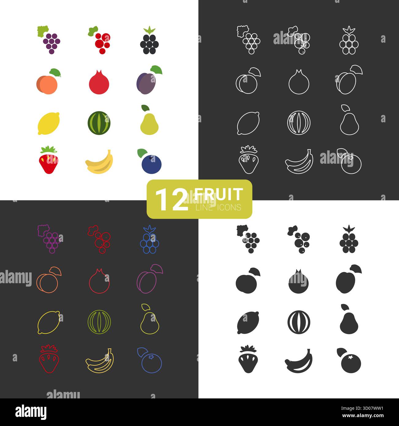 La collection présente douze icônes de ligne de fruits distinctes mettant en vedette des fruits populaires tels que le raisin, les fraises et les bananes. Illustration de Vecteur