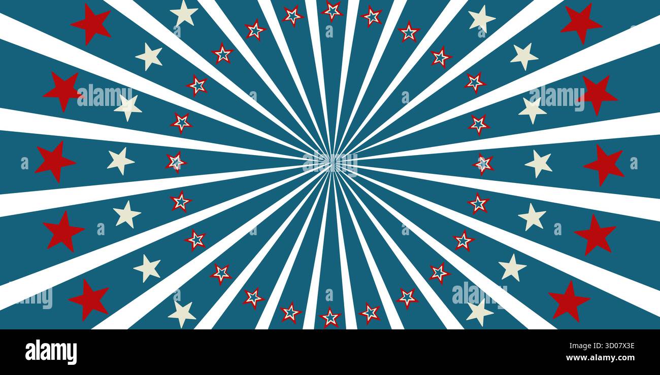 Motif patriotique Starburst avec des étoiles rouges et blanches sur fond bleu Illustration de Vecteur