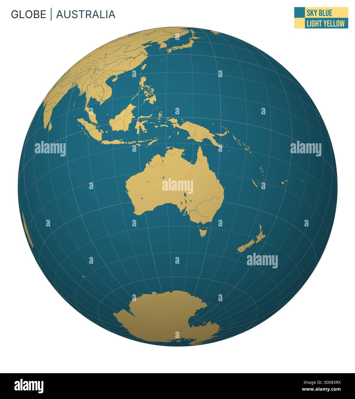 Vector Globe centré sur l'Australie. Palette Bleu ciel jaune clair. Carte du monde avec méridiens, parallèles, pays, rivières et lacs. Illustration de Vecteur
