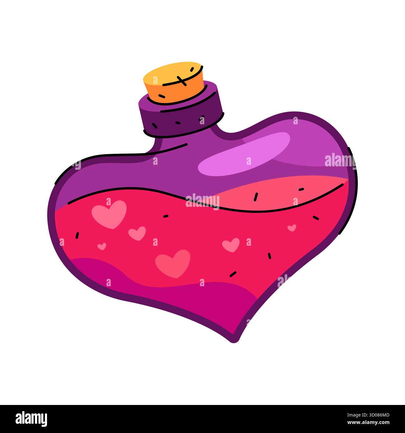 Potion d'amour dans un flacon en forme de coeur. Boisson enchantée vectorielle en flacon ou élixir magique en récipient en verre. Attraction romantique ou affection, icône de la passion. Magie et fantaisie, sortilège rituel d'alchimie. Mystic. Illustration de Vecteur