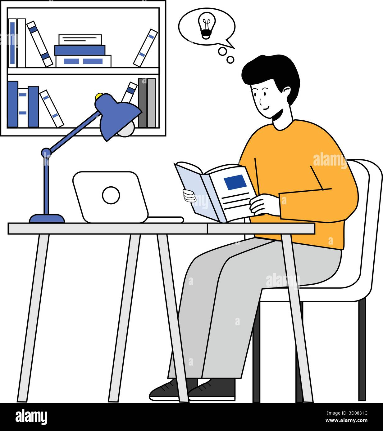 Un jeune homme lisant un livre à son bureau avec un ordinateur portable et une lampe, représentant l'étude, l'apprentissage, la créativité et la concentration dans un espace de travail moderne Illustration de Vecteur