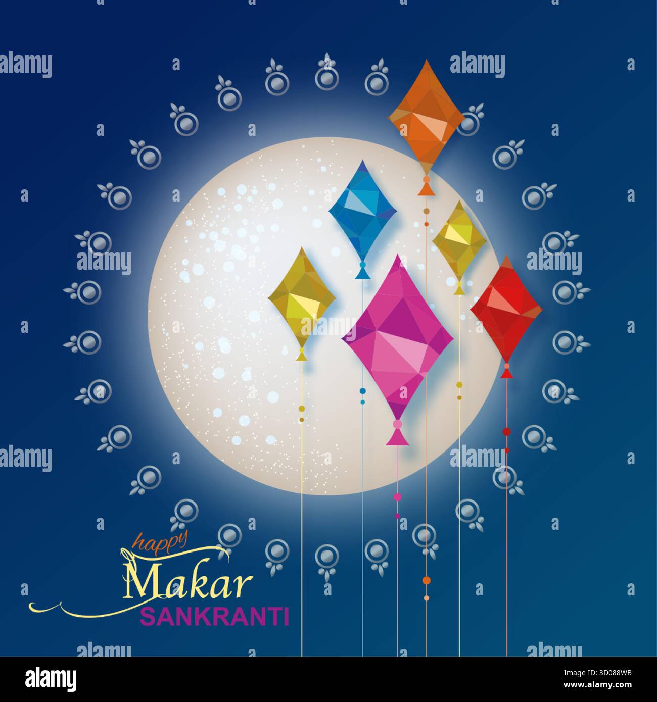 Joyeux Makar Sankranti Tradizional Indian Festival, groupe de cerfs-volants colorés volant le ciel bleu sur la lune. Design de bannière, fête des moissons hindoues, célébrée Illustration de Vecteur