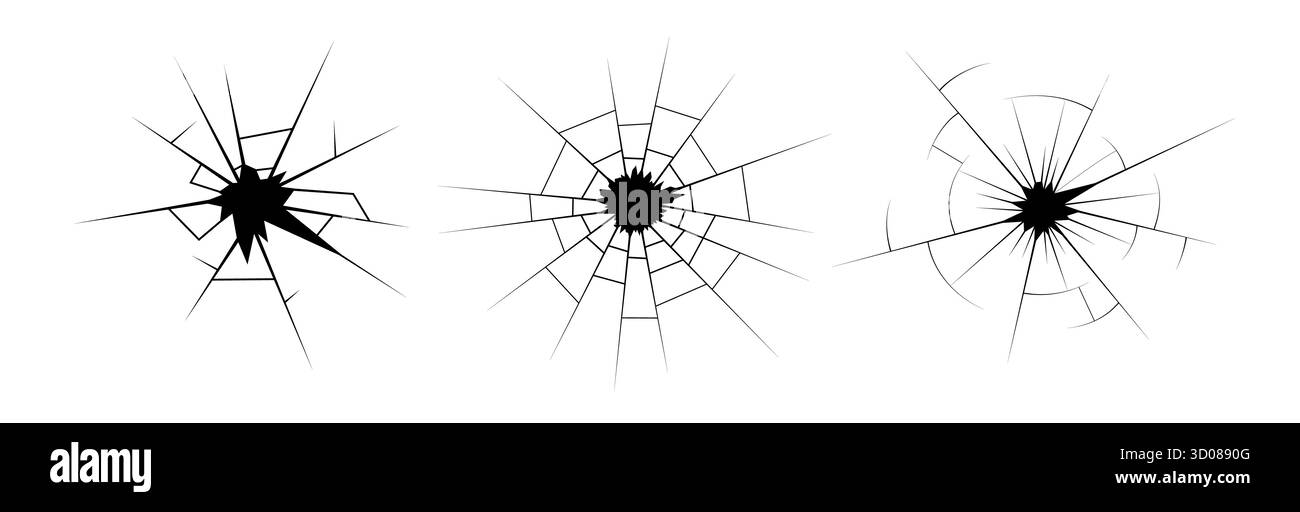 Illustration de surface fissurée avec verre brisé, trou de balle et texture de mur. Effet brisé réaliste avec lignes de fracture et modèle de crash. Vecto Illustration de Vecteur