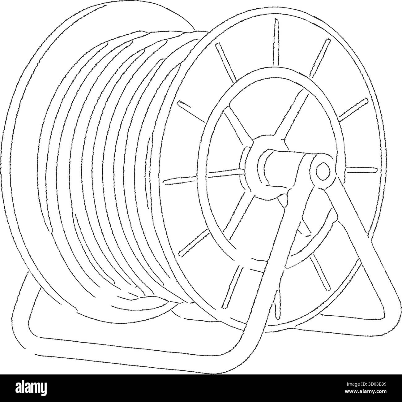 Une bobine portable robuste tient un long tuyau d'arrosage soigneusement enroulé autour d'un tambour avec une manivelle latérale pour un rembobinage facile Illustration de Vecteur