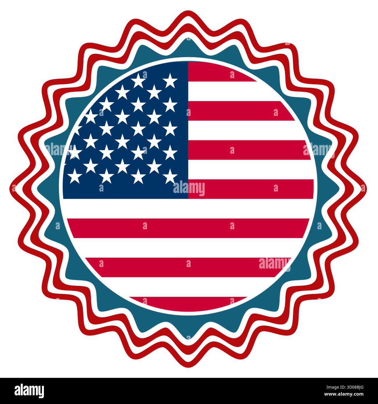 Badge drapeau américain avec bordure ondulée rouge, blanche et bleue Illustration de Vecteur