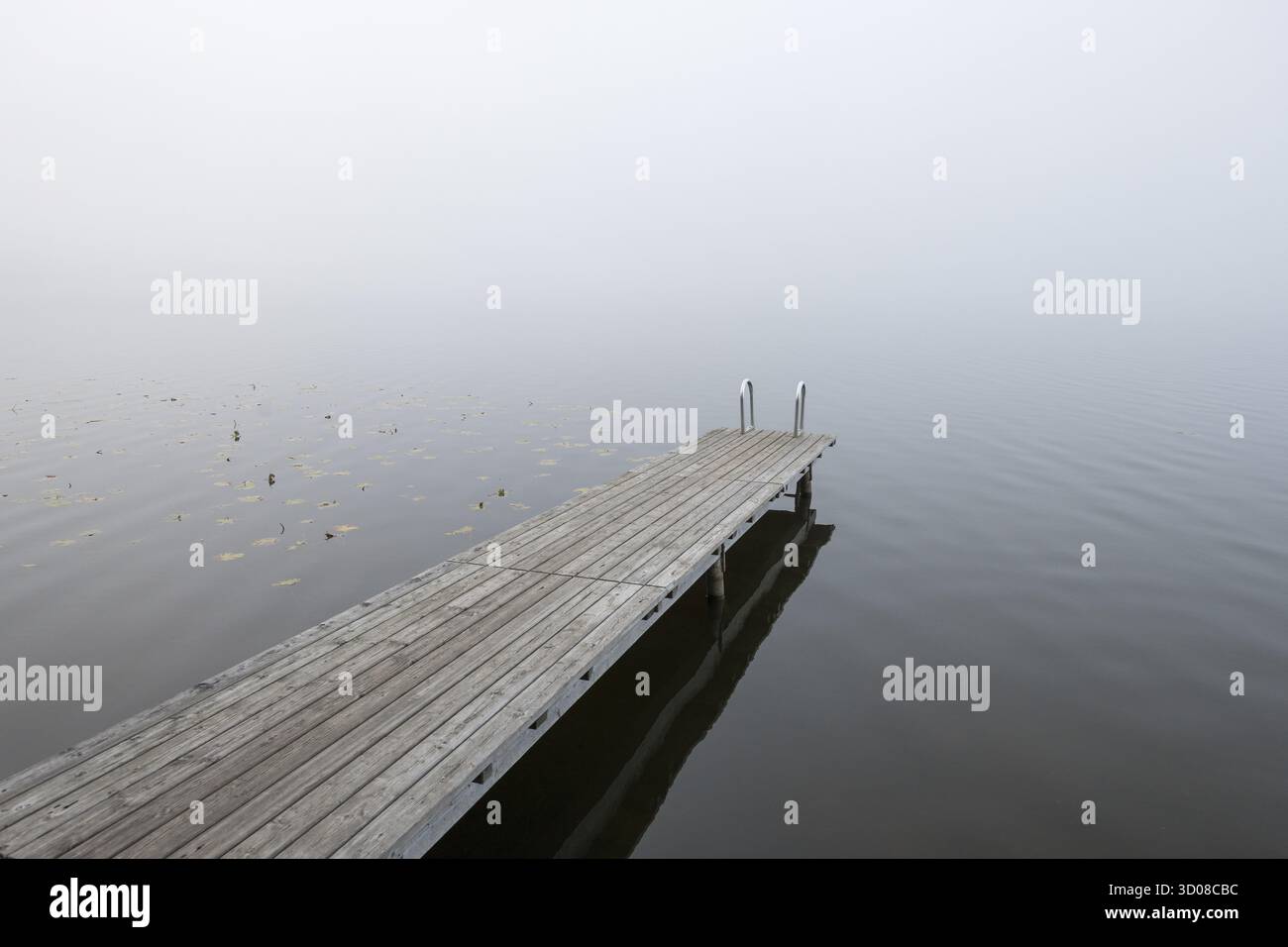 Passerelle en bois vide dans l'eau brumeuse d'un lac calme, Hopfensee, Ostallgaeu, Bavière, Allemagne Banque D'Images Passerelle en bois vide dans l'eau brumeuse d'un lac calme, Hopfensee, Ostallgaeu, Bavière, Allemagne Banque D'Images