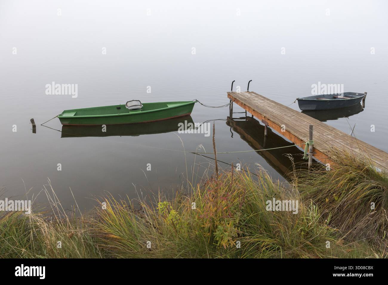 Deux bateaux et une jetée dans un paysage marin brumeux, Hopfensee, Ostallgaeu, Bavière, Allemagne Banque D'Images Deux bateaux et une jetée dans un paysage marin brumeux, Hopfensee, Ostallgaeu, Bavière, Allemagne Banque D'Images