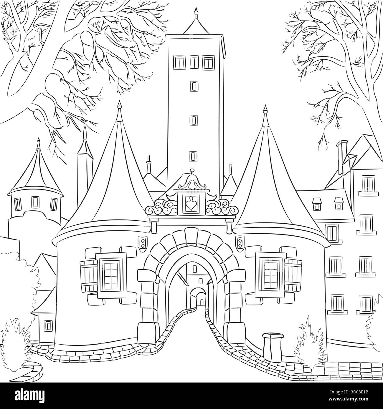 Dessin vectoriel de l'ancienne porte de la ville à Rothenburg ob der Tauber Illustration de Vecteur