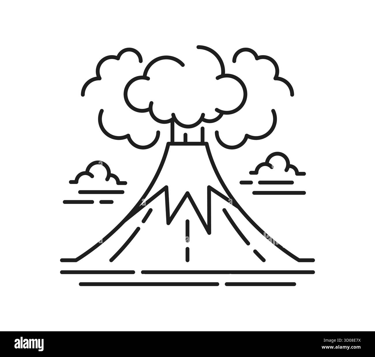 Icône ou pictogramme de ligne de paysage de volcan en éruption. Environnement et nature élément de paysage ou symbole vectoriel de ligne mince, pictogramme de scène de voyage. Natura Illustration de Vecteur