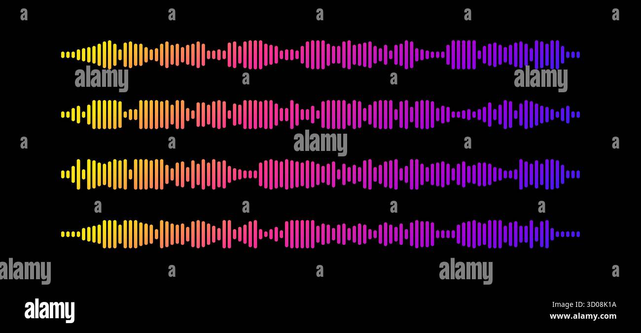 Ensemble d'ondes sonores de podcast coloré avec dégradé de jaune, rose à violet sur fond noir. Illustration de Vecteur