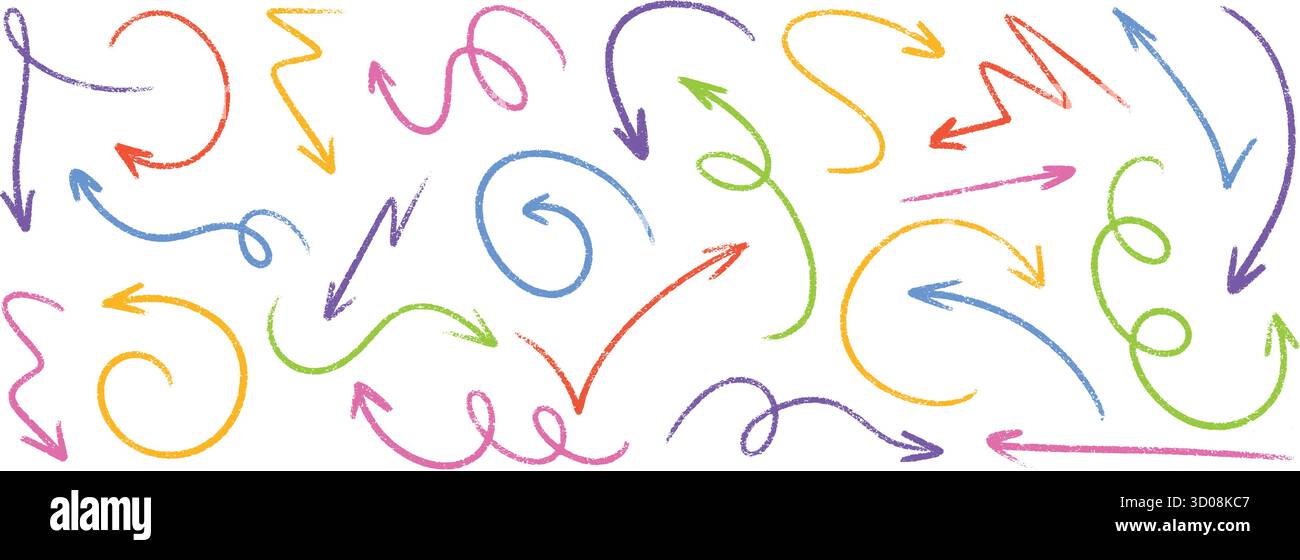 Ensemble de flèches de crayon de couleur avec pointeurs directionnels courbes et droits dessinés à la main pour une conception de présentation créative. Illustration de Vecteur