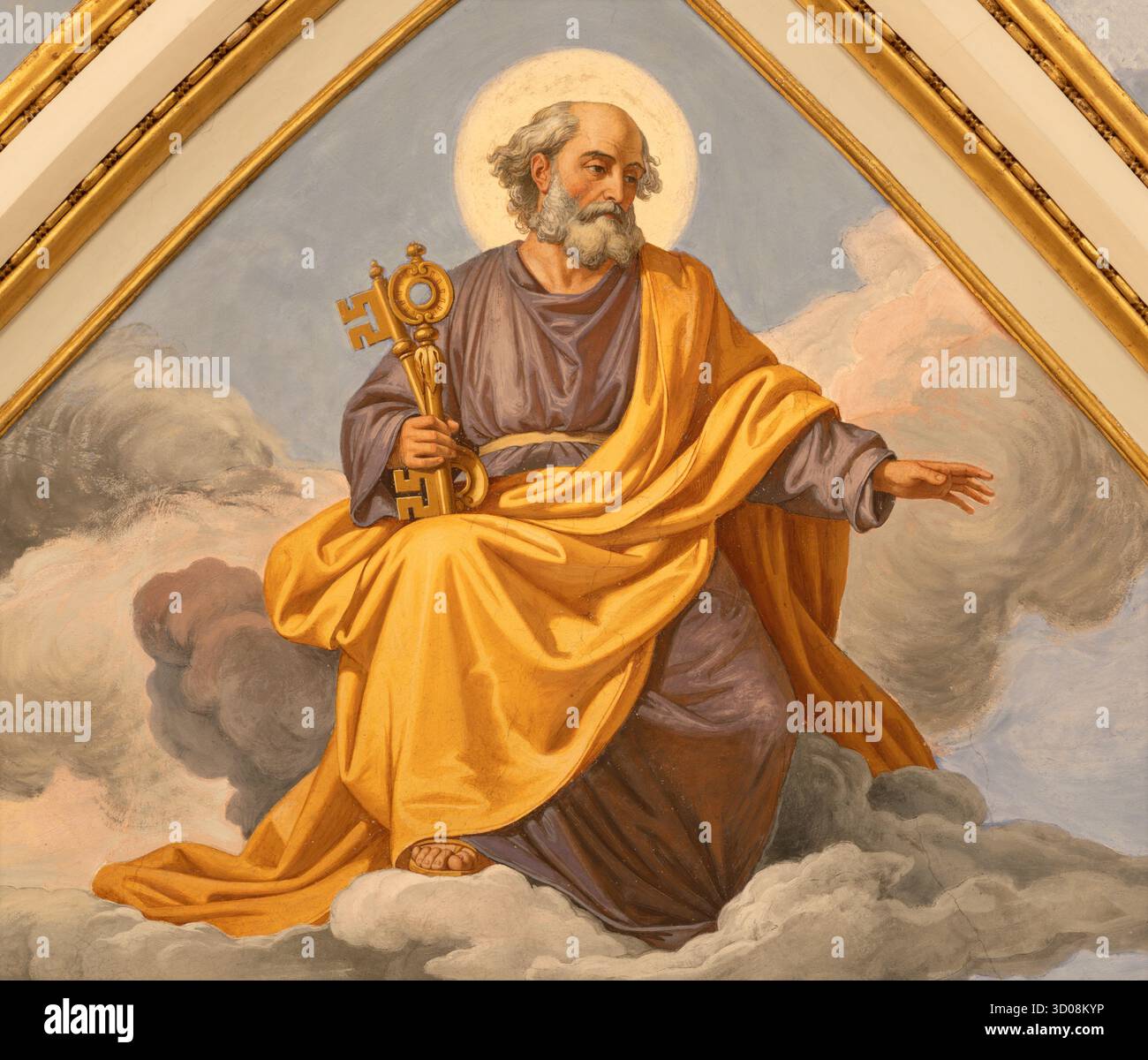 CAVA DE TIRRENI, ITALIE - 7 OCTOBRE 2025 : le plafond fresque de l'apôtre Pierre dans l'église Abbazia Santissima Trinita par Vincenzo Morani Banque D'Images CAVA DE TIRRENI, ITALIE - 7 OCTOBRE 2025 : le plafond fresque de l'apôtre Pierre dans l'église Abbazia Santissima Trinita par Vincenzo Morani Banque D'Images