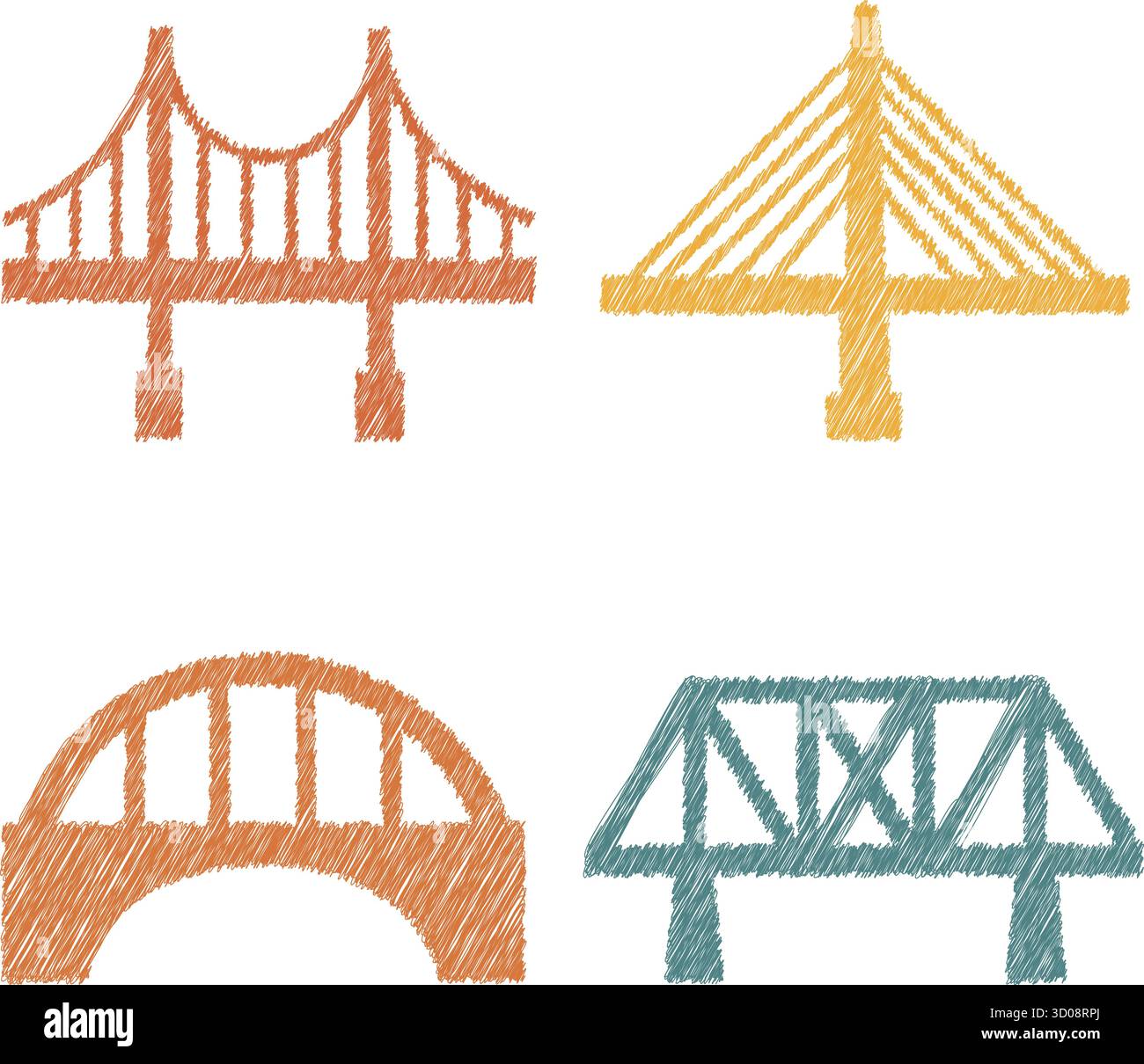 Une rangée de ponts stylisés dans des tons chauds présente divers types de structures pour des graphiques sur le thème des transports Illustration de Vecteur
