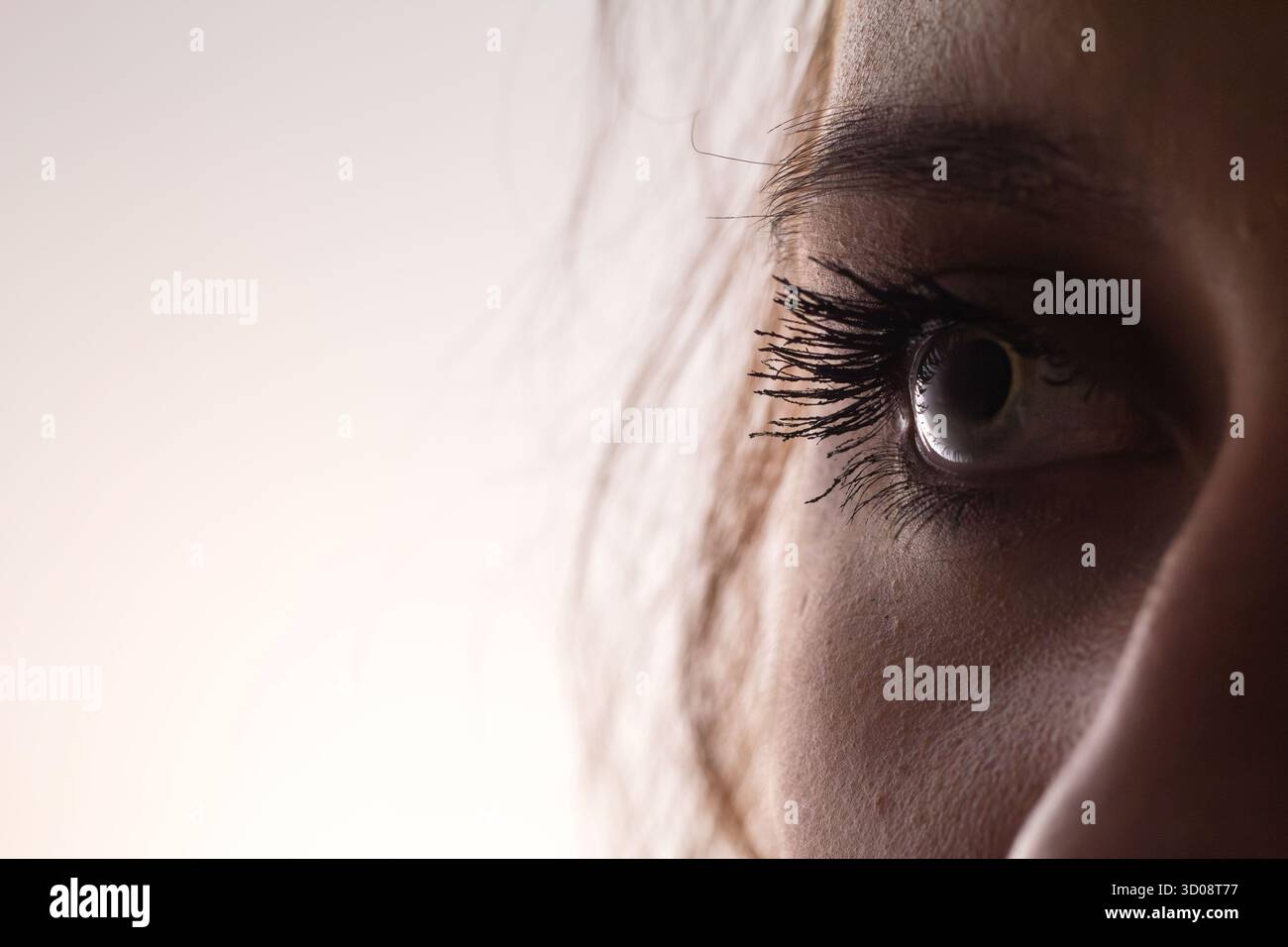 Gros plan de l’œil d’une femme en lumière naturelle douce, détail des cils et texture de la peau, photographie de portrait macro. Banque D'Images