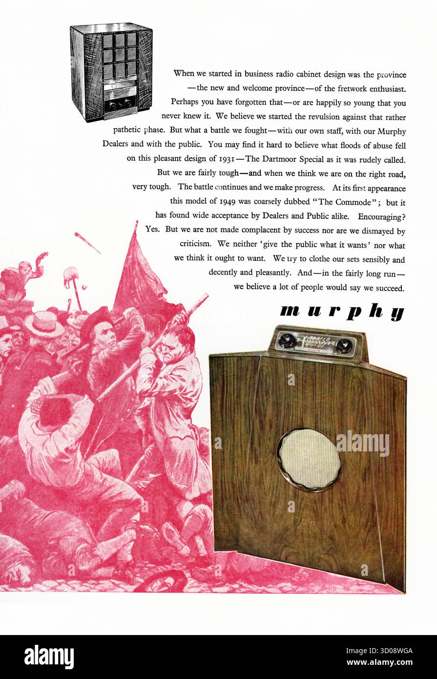 Une publicité de 1951 pour Murphy Radio. Cela est apparu dans un magazine de design marquant les célébrations du Festival of Britain en Grande-Bretagne cette année-là. La publicité présente une scène de bataille ou d'émeute, illustrant le texte sur la bataille menée pour conquérir le personnel et les clients avec les conceptions de cabinet de l'entreprise. Le treillis sur le modèle A3 de 1931 (en haut à gauche) ressemblait à des bars de prison (surnommés « The Dartmoor Special »). Le modèle de 1949 (en bas) était la « commode ». Fondée en 1929, Murphy Radio était un fabricant britannique de radios et de télévisions basé à Welwyn Garden City, Angleterre, Royaume-Uni – graphismes vintage des années 1950. Banque D'Images