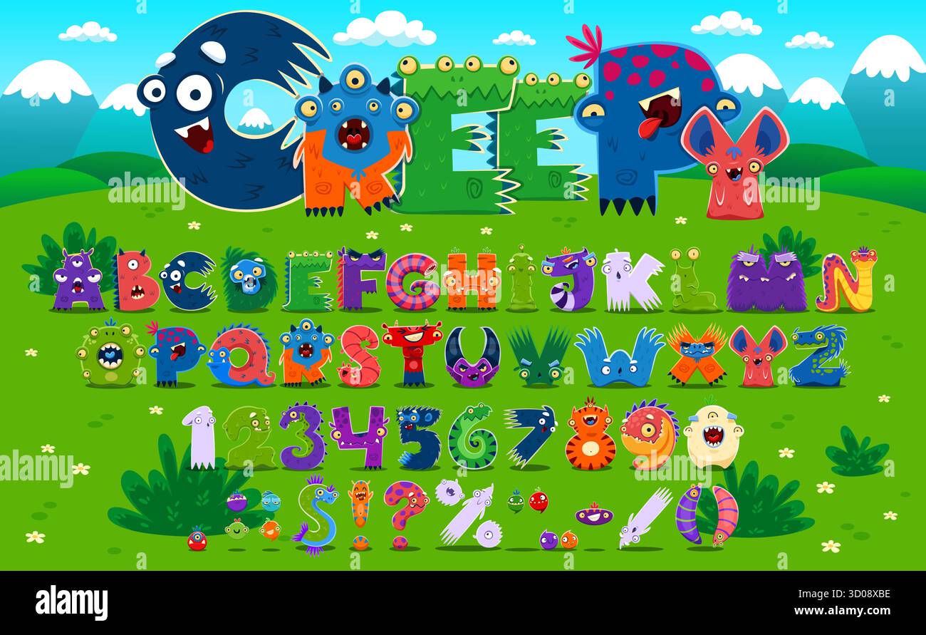 Police extraterrestre de dessin animé fantaisie, police de caractères de monstre, type mignon et fou, alphabet anglais effrayant au fond vectoriel de paysage de nature fée. Les monstres extraterrestres font des lettres de créatures fantastiques mignonnes Illustration de Vecteur