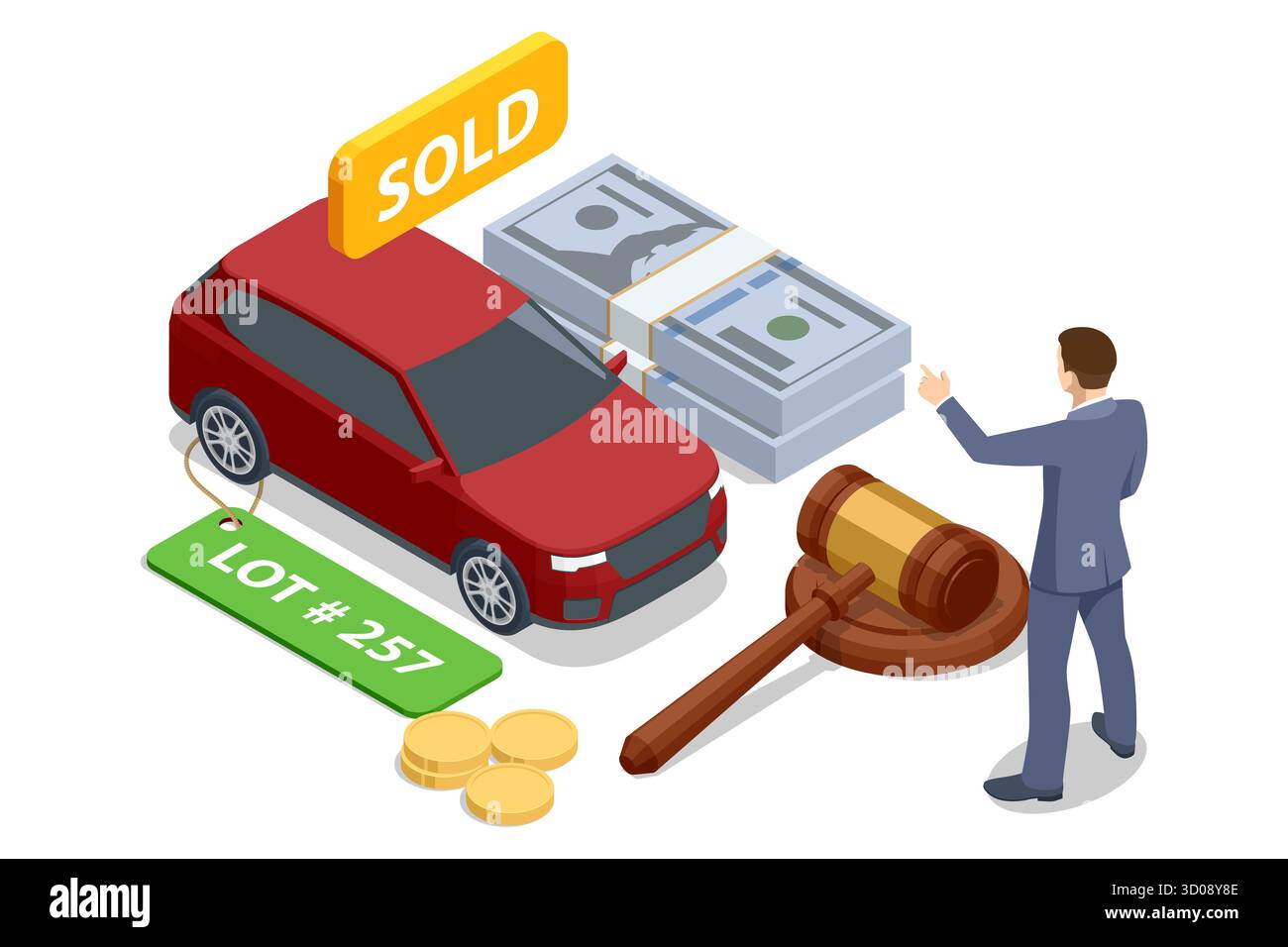 Scène de vente aux enchères de voiture isométrique avec véhicule rouge, piles d'argent et marteau. Vente automobile en ligne, enchères et concept d'achat dans l'illustration vectorielle. Illustration de Vecteur