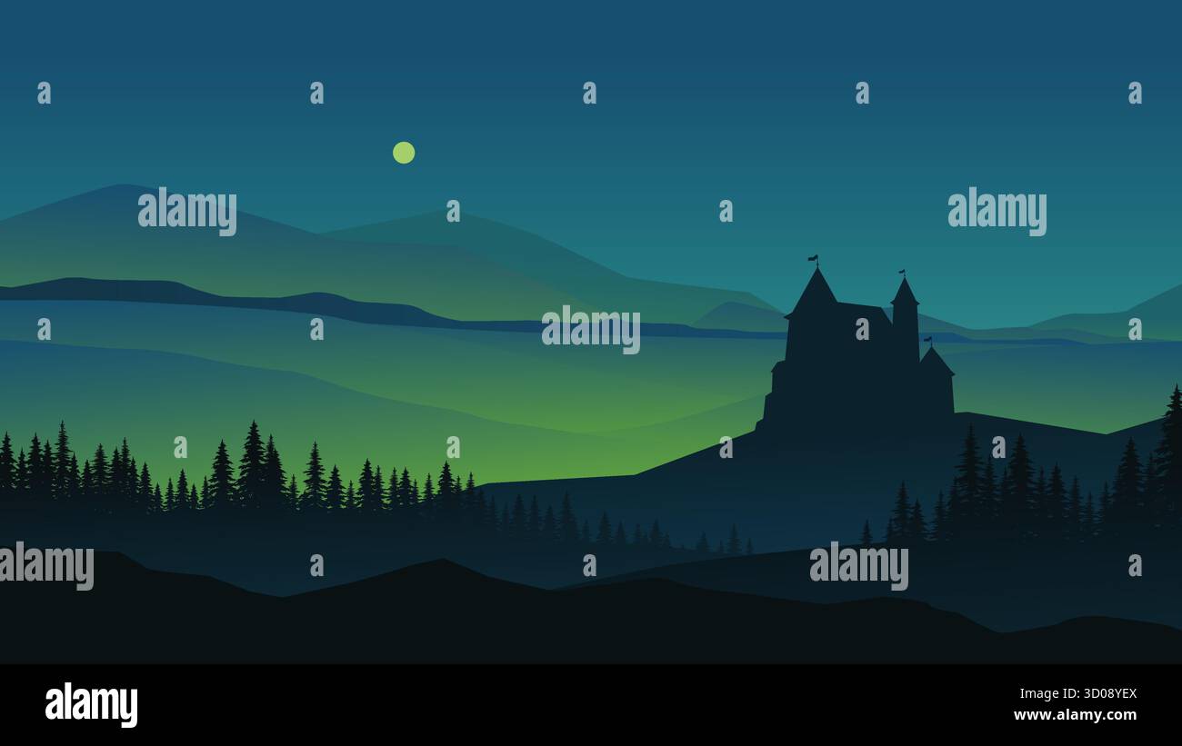 un château la nuit avec des feux verts Illustration de Vecteur