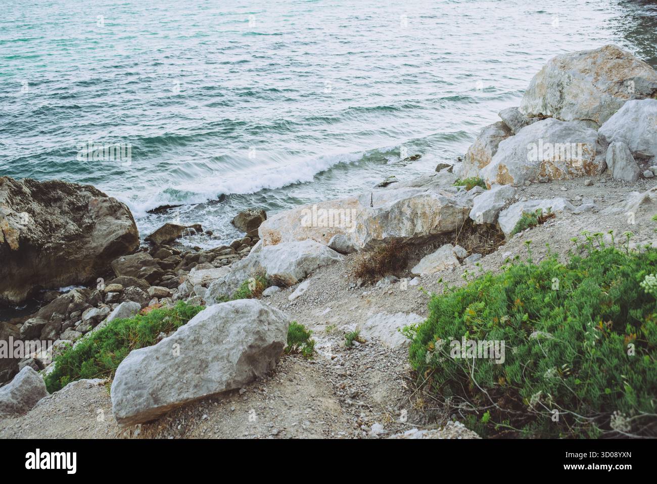 Côte rocheuse avec végétation verte et vagues de mer Banque D'Images