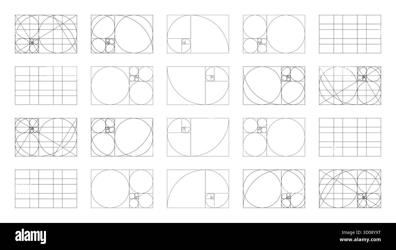 Modèle de ratio d'or grand ensemble. Tableau de Fibonacci, formes de nombres. Méthode des échantillons de section dorée. Cadres Harmony proportions. Contour graphique fin Illustration de Vecteur