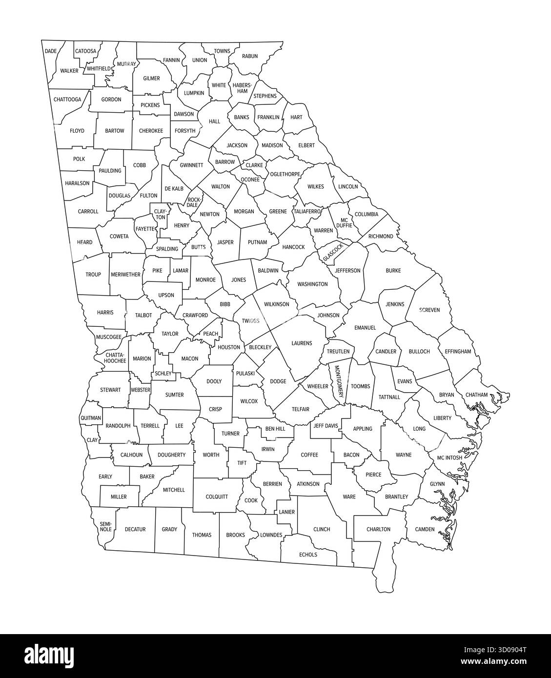 État de Géorgie, subdivisé en 159 comtés, carte avec les noms des comtés et les frontières. État dans la région sud-est des États-Unis. Banque D'Images