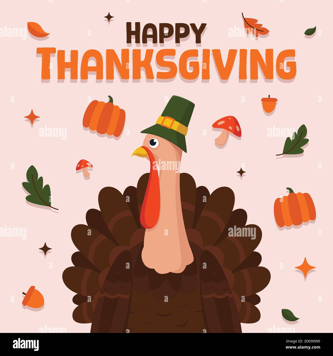 Happy Thanksgiving design plat avec une illustration de dinde portant un chapeau de pèlerin et quelques éléments saisonniers comme des citrouilles, des champignons et des glands. Illustration de Vecteur