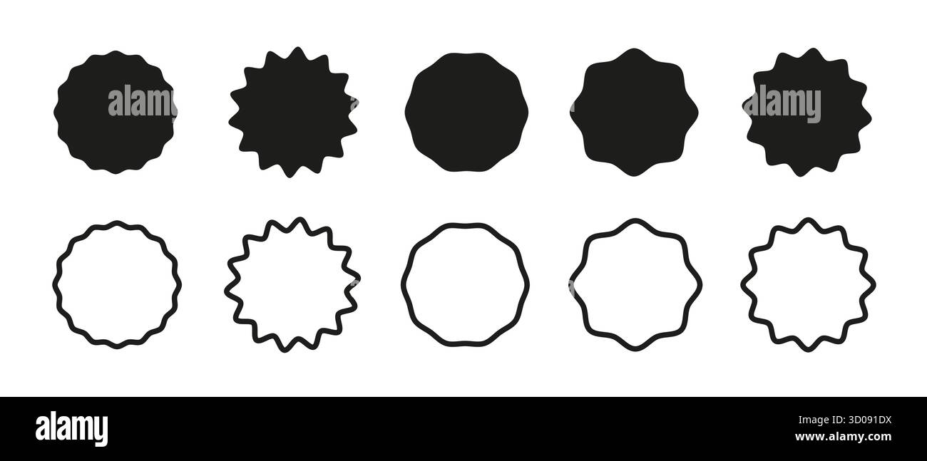 Badges plats promotionnels à bords ondulés. Collection de stickers noirs en forme de cercle. Cadres ronds. Icônes de vente vierges. Étiquettes pour le prix en forme d'éclatement d'étoile Illustration de Vecteur