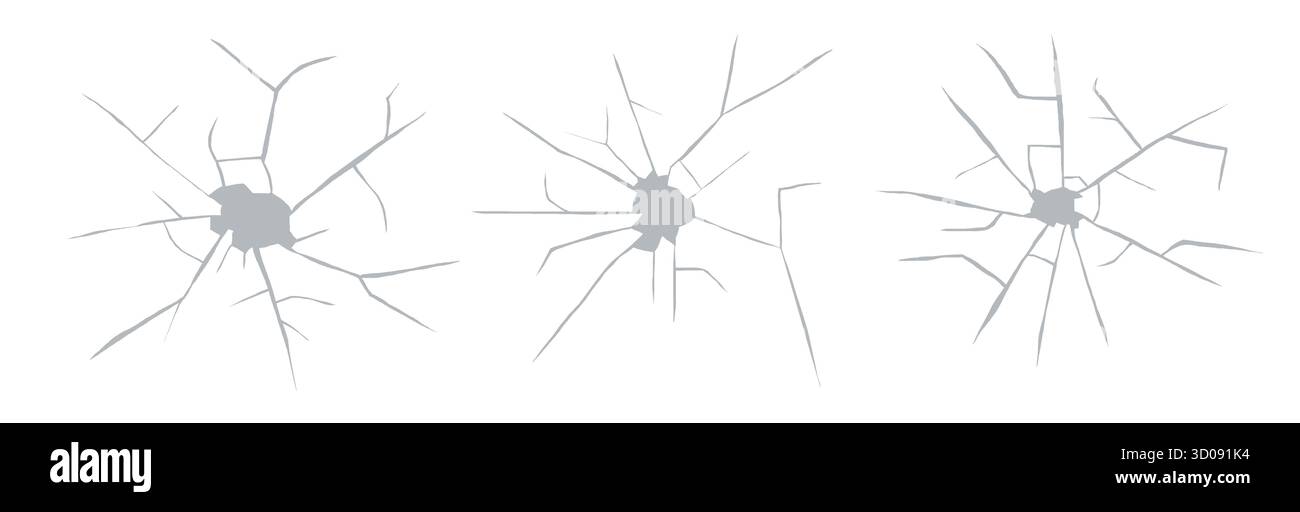 Impact de balle en verre fissuré avec texture grunge et dommages de surface. Illustration vectorielle de mur ou de fenêtre cassé pour réparation, accident ou pos. Abstrait Illustration de Vecteur