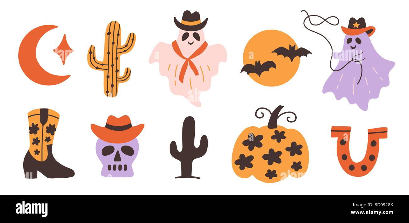 Ensemble d'Halloween fantôme de cowboy mignon Illustration de Vecteur