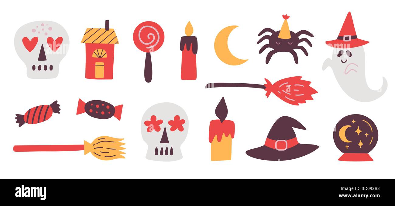 Chauves-souris d'Halloween, silhouette de chats, icônes de doodle Illustration de Vecteur