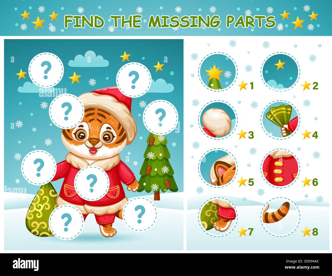 Trouver des pièces manquantes Noël rayé chat tigre image d'animal, match pièces. Jeu de puzzle éducatif pour enfants. Complétez le dessin des fêtes de fin d'année. Vecteur Illustration de Vecteur