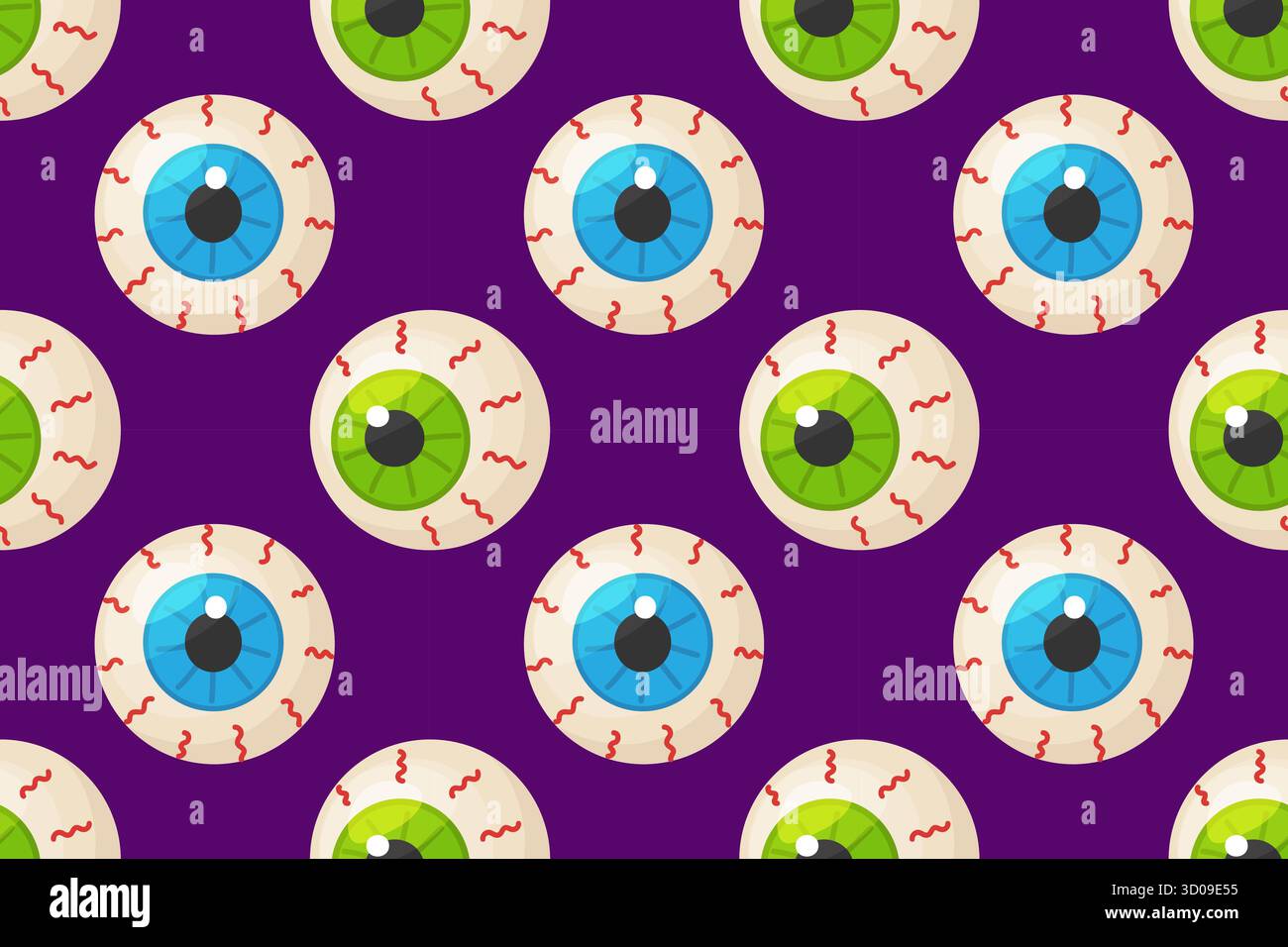 Modèle sans couture d'Halloween avec des globes oculaires de bande dessinée sur fond violet foncé. Style plat dessiné à la main. Design effrayant et amusant, idéal pour le papier d'emballage, les textiles, les décorations de fête et les projets numériques Illustration de Vecteur