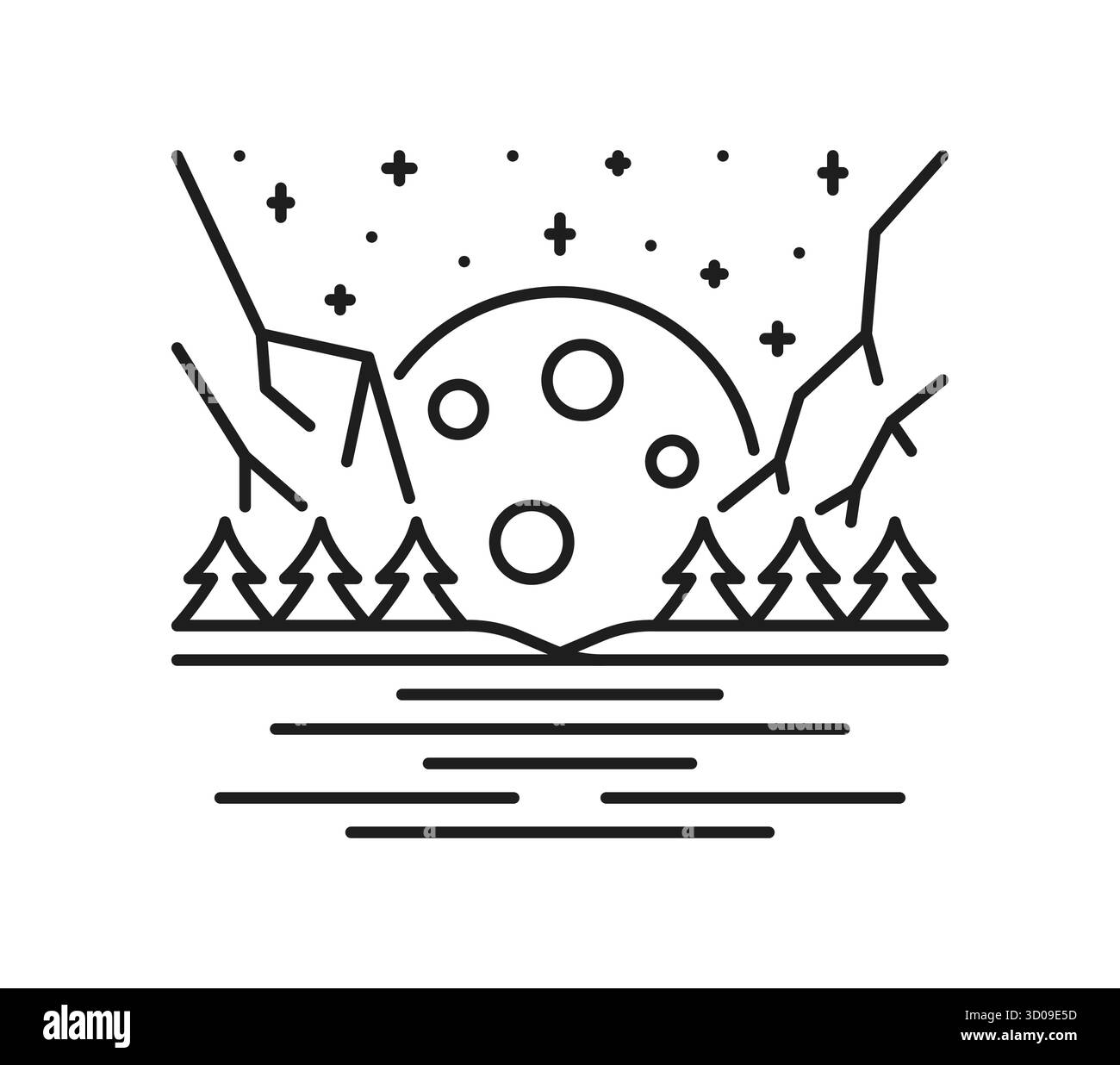 Icône ou signe de ligne de paysage de rivière de forêt nocturne. Icône de vecteur de contour de scène de voyage extérieur, symbole de vue de la nature. Panneau de paysage d'environnement de montagne avec pleine lune, ciel étoilé et arbres sur la rive de la rivière Illustration de Vecteur