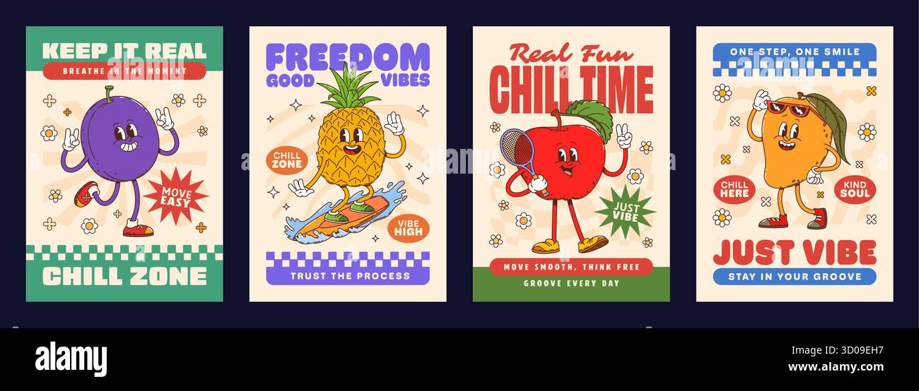 Affiches drôles de personnages groovy de fruits mûrs. Vecteur joyeux de l'an 2000 prune, ananas, pomme et mangue avec des visages amicaux et des slogans motivants, exprimant le plaisir, la liberté, la confiance et un style de vie froid Illustration de Vecteur