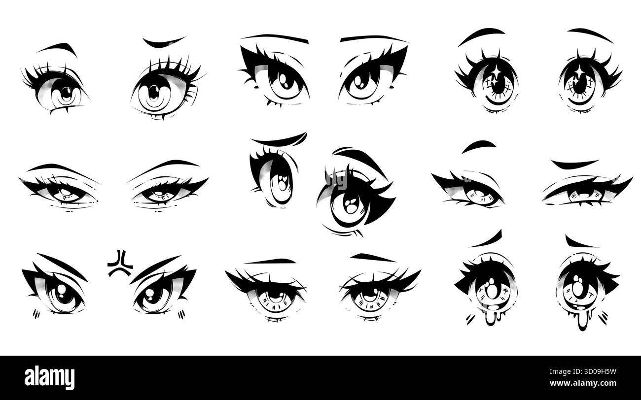 Yeux faciaux animés Kawaii avec diverses expressions - de grandes pupilles scintillantes, de longs cils et différentes émotions pour les personnages de manga. Paires d'yeux de dessin animé japonais mignon vecteur noir et blanc avec des sourcils. Illustration de Vecteur