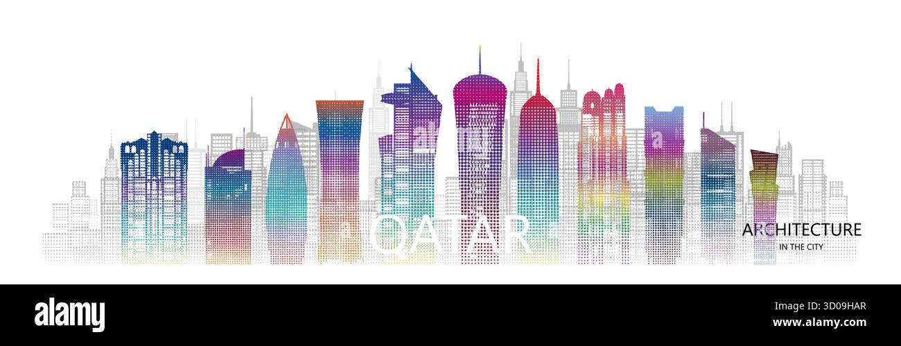 Gratte-ciel d'architecture moderne au Qatar avec coloré de l'Asie. Visitez Qatar monuments architecturaux célèbre ville de Doha en Asie sur un fond blanc. Illustration de Vecteur