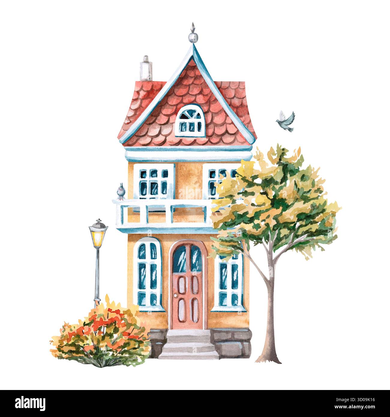 Maison jaune urbaine de deux étages avec arbres d'automne. Illustration aquarelle isolée de bâtiments pour la conception de produits imprimés de bure architecturale Banque D'Images