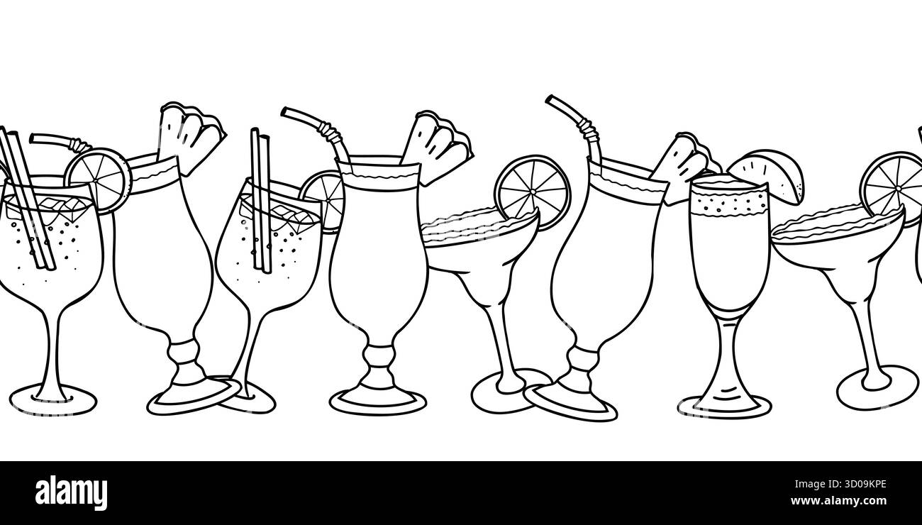 Bordure sans couture de verres à cocktail tropicaux avec des fruits et de la paille. Aperol Spritz, Margarita, Bellini et Pina Colada. Dessin à la main pour la fête d'été Illustration de Vecteur