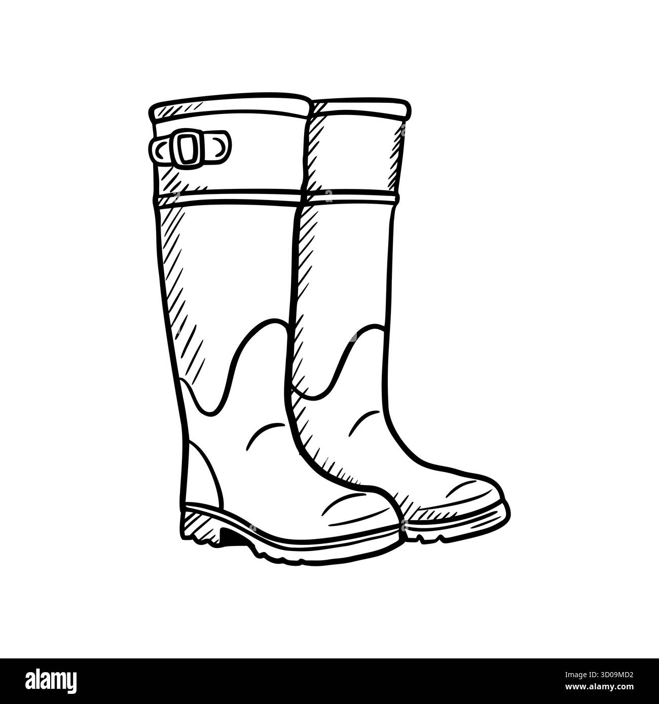 Une paire de bottes de pluie en caoutchouc dans un style simple et dessiné à la main. Les bottes sont conçues pour une utilisation en extérieur, avec une boucle et une semelle robuste. Illustration de Vecteur